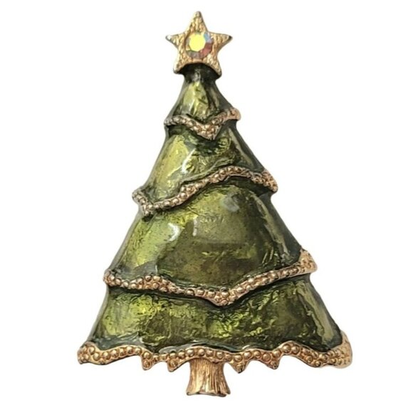 Liz Claiborne Christmas Tree Green Enamel Gold Tone Pin Brooch, Signed - Picture 3 of 7